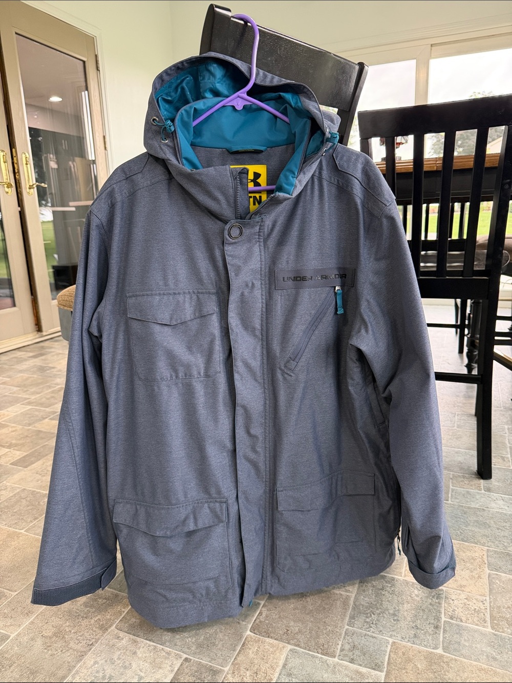 Under Armour Gray Hooded Snowboarding/Ski Jacket with Teal Lining